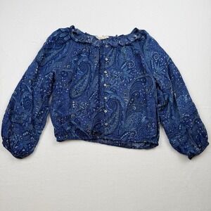 Lucky Brand Blue Paisley Cropped Peasant Blouse Small Boho Long Sleeve